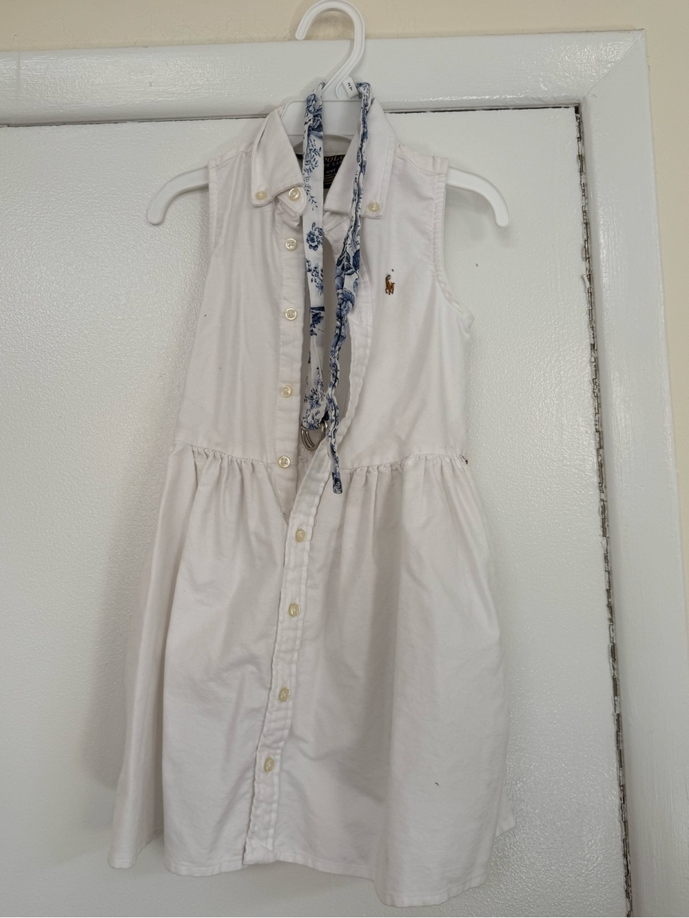 Ralph Lauren White Cotton Button-Front Sleeveless Girls Dress with Blue Scarf